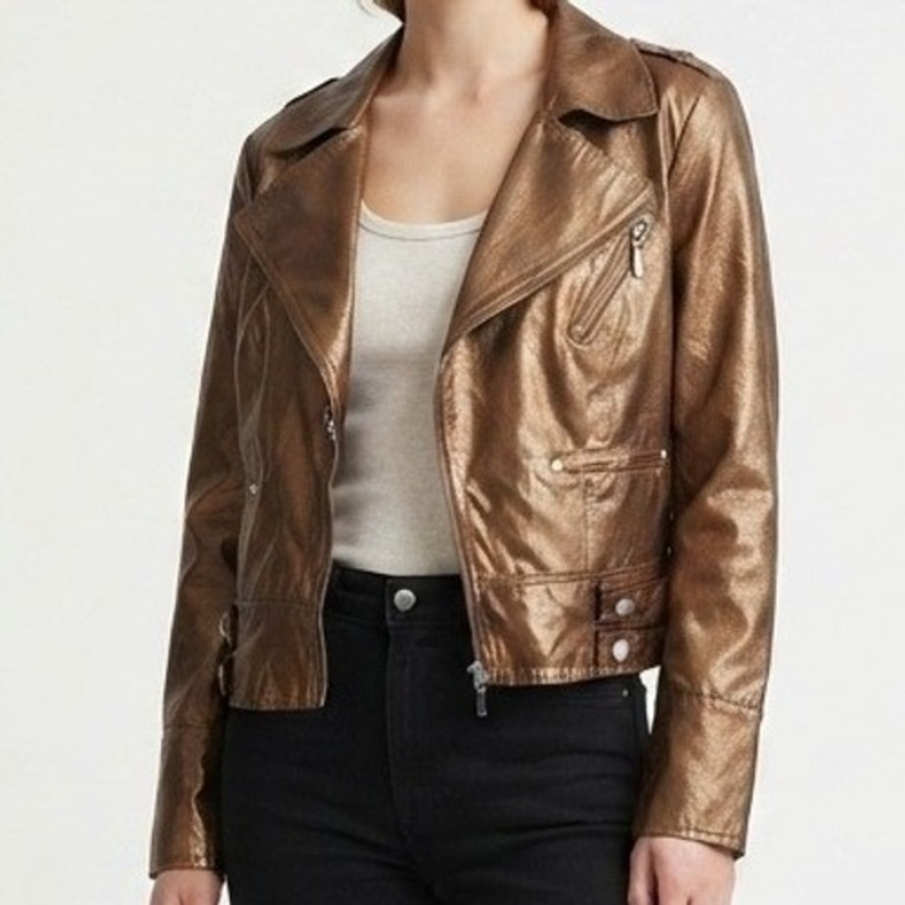 Bisou Bisou Moto Jacket Womens Bronze Metallic Faux Leather Biker Edgy